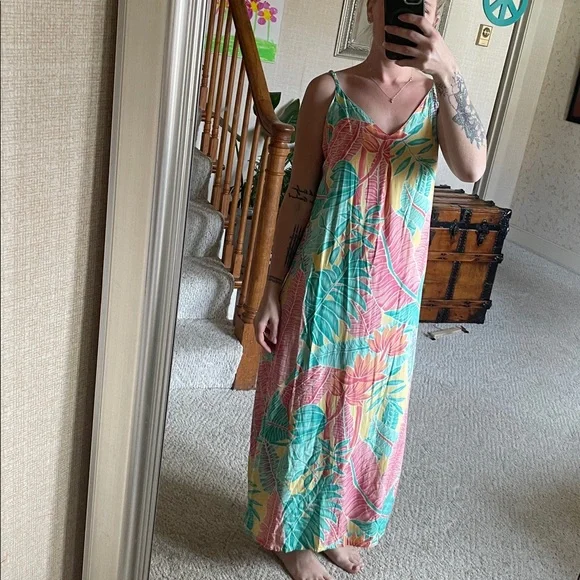 Kenny Flowers Beach Resort Tropical Print Maxi Slip Dress in Pink, Teal & Yellow - Picture 9 of 16